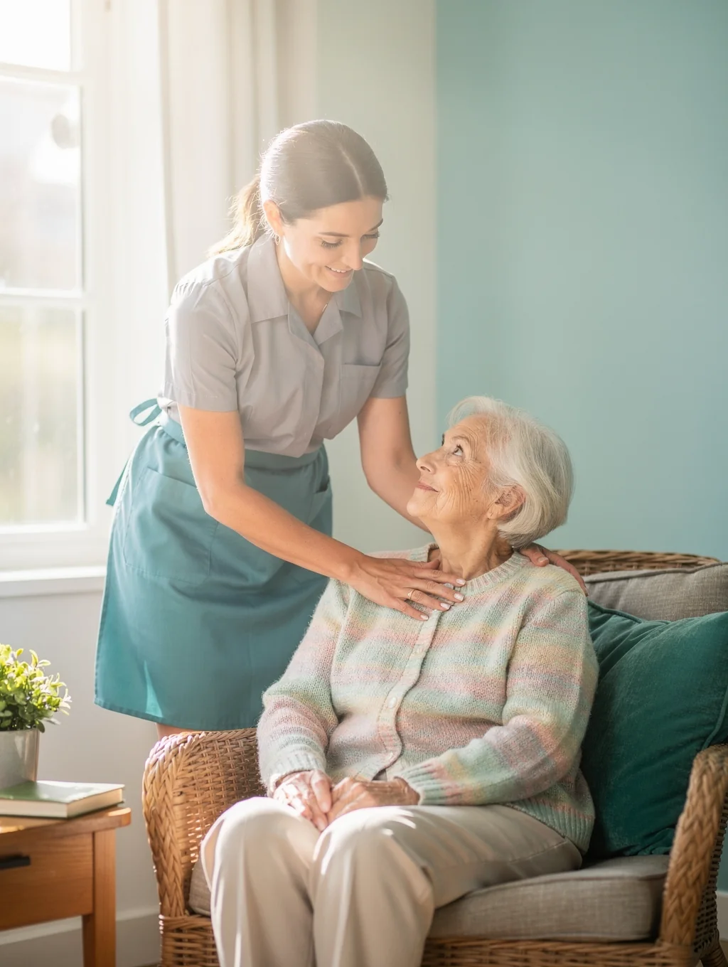 Professional caregiver providing compassionate support in a bright, welcoming environment