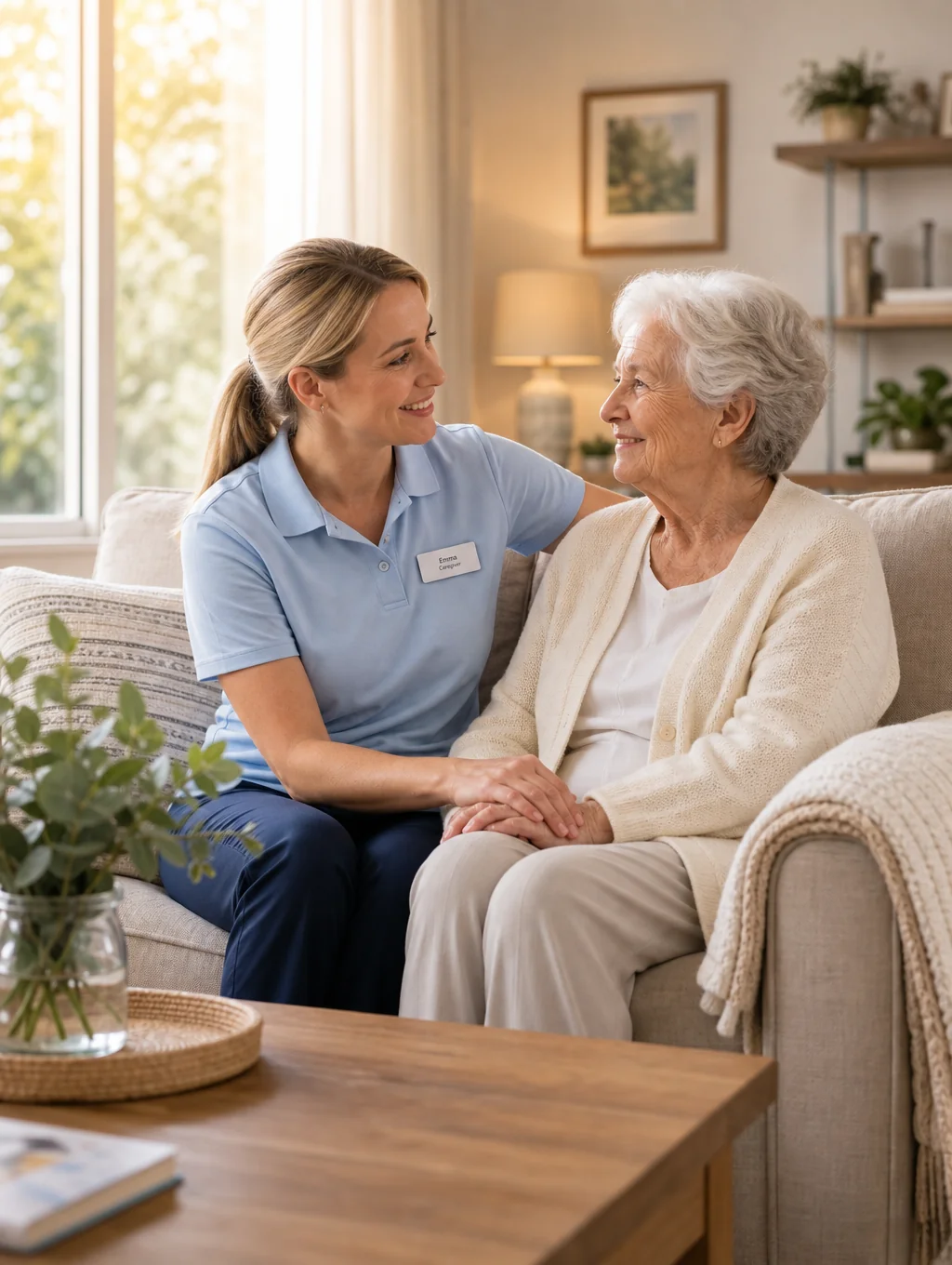 Professional caregiver assisting an individual in a bright, welcoming home environment
